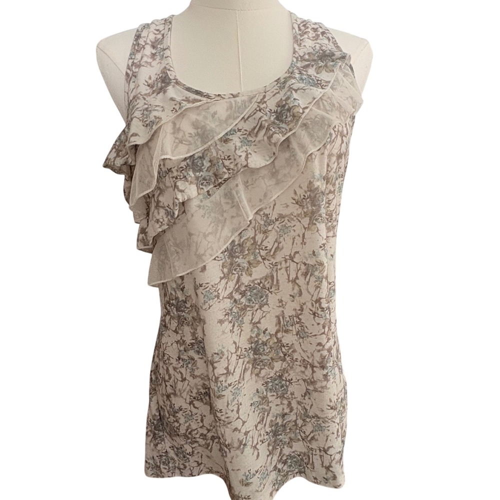 Maurices Floral Ruffle Front Mesh Racerback Tank XL Beige Blue Boho Sleeveless